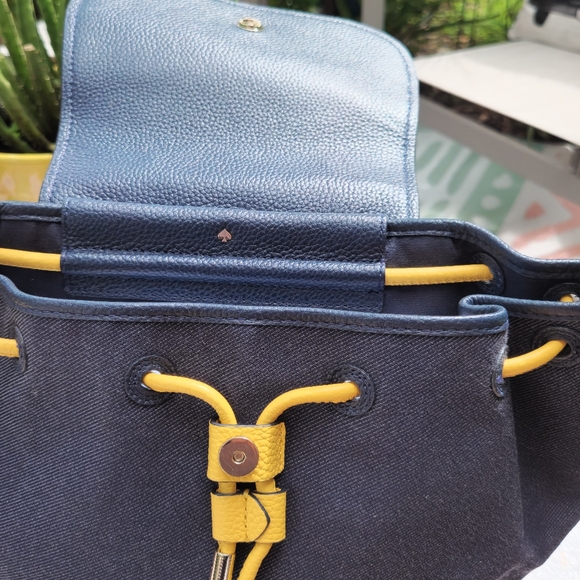 KATE SPADE Leather/Denim Bookbag w/yellow drawstring-vintage one of a kind bag! - Picture 3 of 5